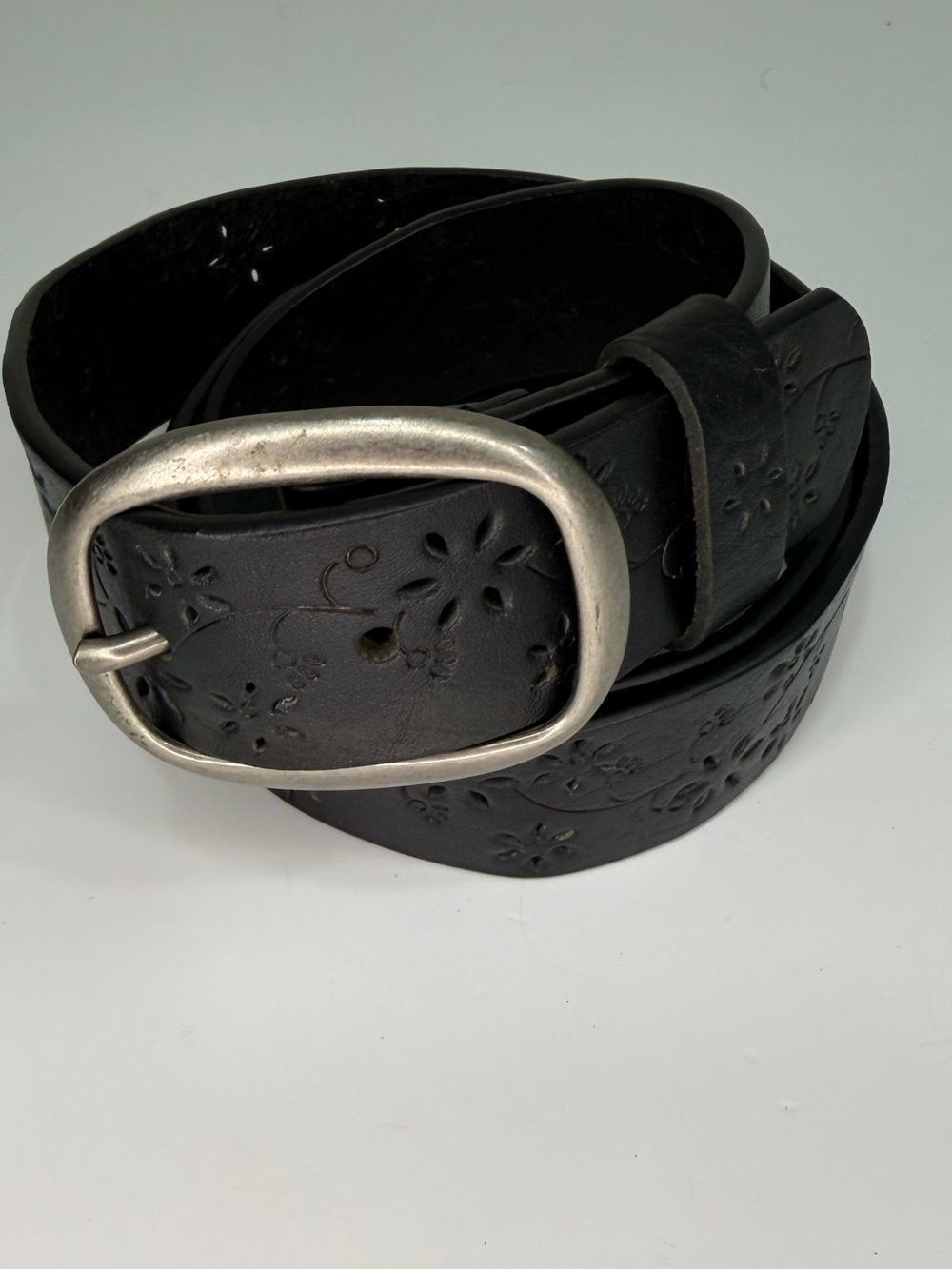 Black Floral Cutout Belt Silver Oval Buckle Boho Western Y2K
